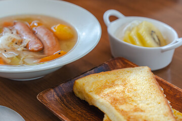 French Toast Breakfast with Sausage Soup and Yogurt Fruit /...