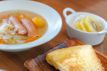 French Toast Breakfast with Sausage Soup and Yogurt Fruit /...