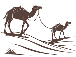 Silhouette of two camels with saddles walking across a sandy desert landscape with a small bush present created with generated ai