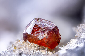 Red Sphalerite with pyrite, on clear quartz and fluorite. Specimen from Fontsante, France. Micro photography extreme close-up. microscope mineral crystal photography for Scientific use.