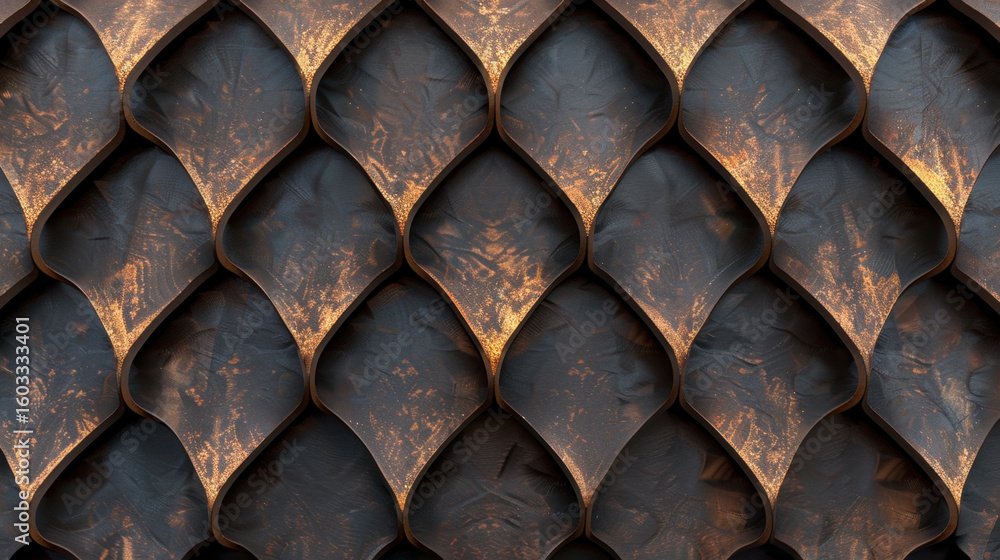Poster textured metal surface with symmetrical pattern, featuring blend of dark and warm tones. intricate d