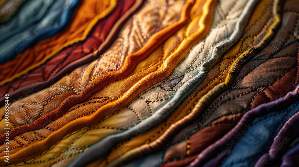 Poster intricate embroidery showcasing fine thread texture with vibrant colors and layered patterns, creati