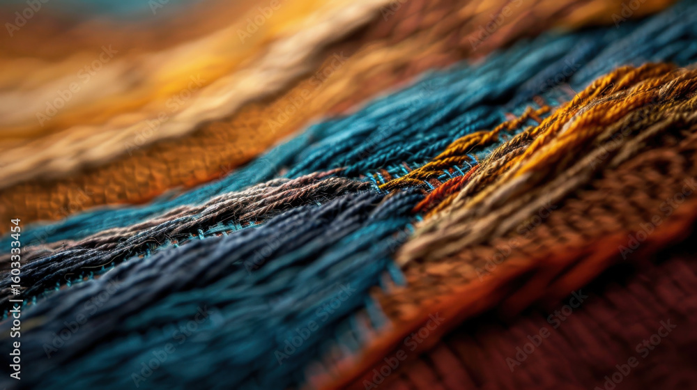 Poster fine thread texture on embroidery closeup showcases vibrant colors and intricate patterns, evoking s