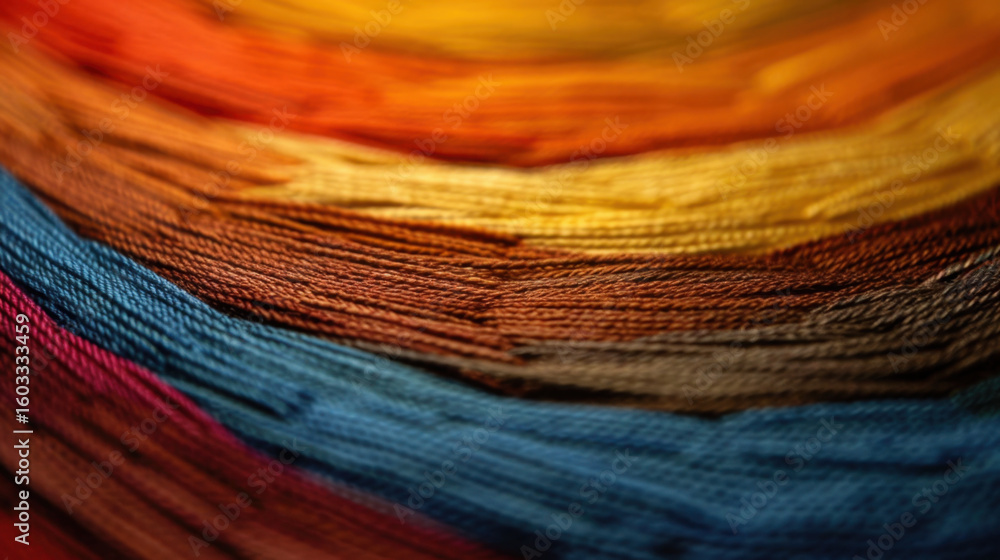 Poster colorful threads arranged in circular pattern create vibrant and textured display, showcasing variet