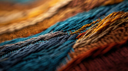 Fine thread texture on embroidery closeup showcases vibrant colors and intricate patterns, evoking sense of craftsmanship and artistry. chaos of threads creates visually stunning effect