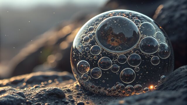 Microscopic view of obsidian revealing organic bubble structures within glass matrix