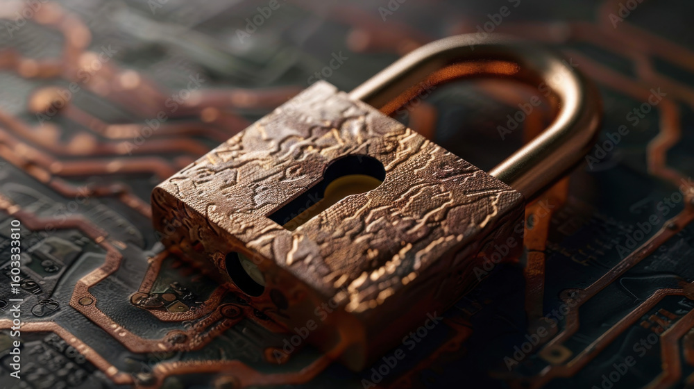 Poster floating digital padlock rests on complex database structure, symbolizing security and protection in