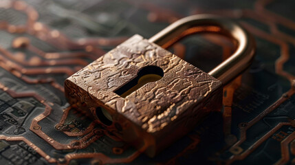 Floating digital padlock rests on complex database structure, symbolizing security and protection in digital realm. intricate design highlights importance of safeguarding information
