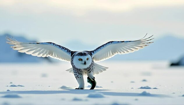 Snowy owl eating lemming prey
