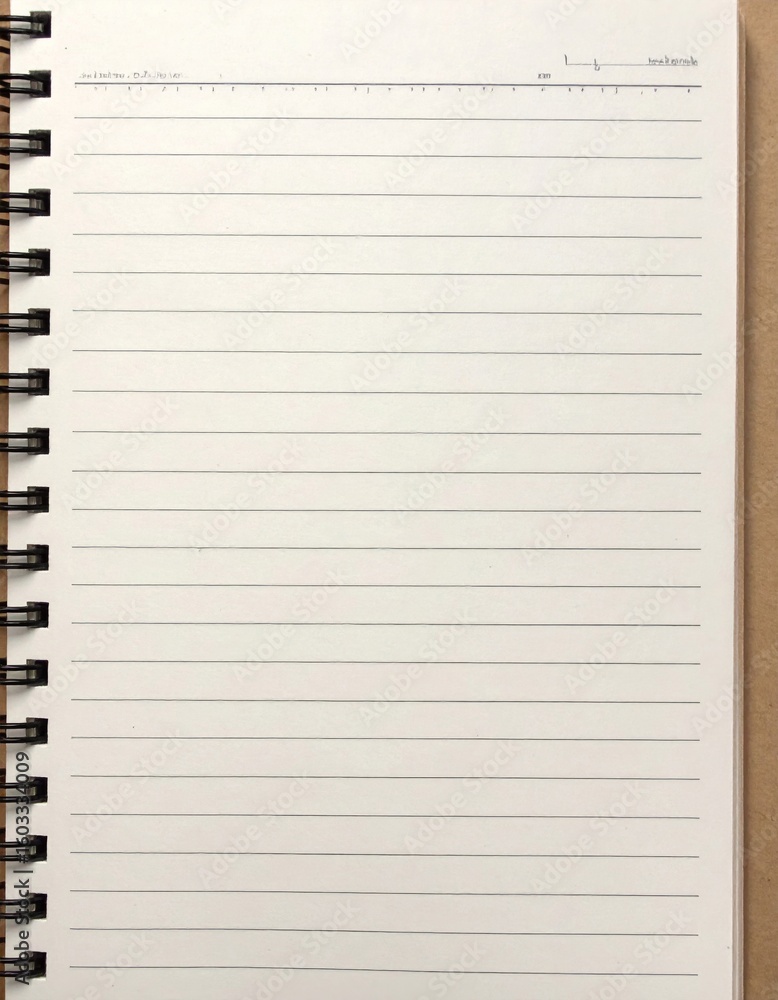 Poster open blank white notebook with horizontal lines and spiral binding on brown background