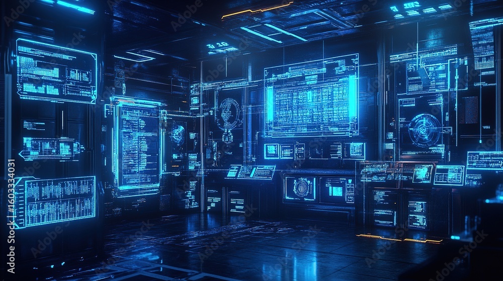 Poster futuristic digital control room with glowing neon blue holographic screens displaying data and compl