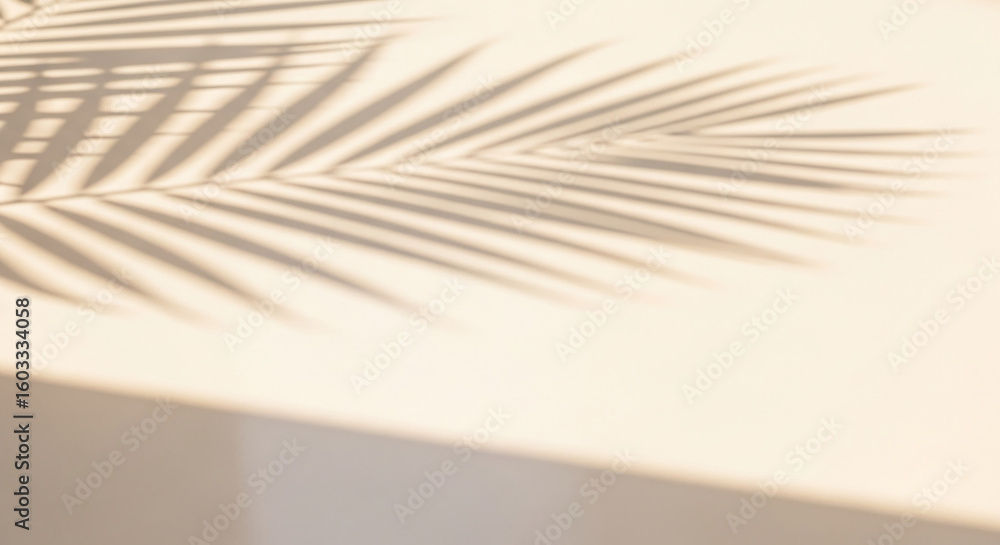 Poster beige background with palm leaf shadow projection, creating a soft, light texture ideal for minimali