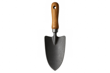 Metal gardening trowel with wooden handle isolated on transparent background, perfect for your gardening and planting projects