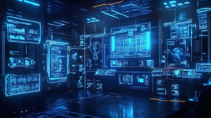 Fototapeta premium Futuristic digital control room with glowing neon blue holographic screens displaying data and complex interfaces in a dark high-tech environment.