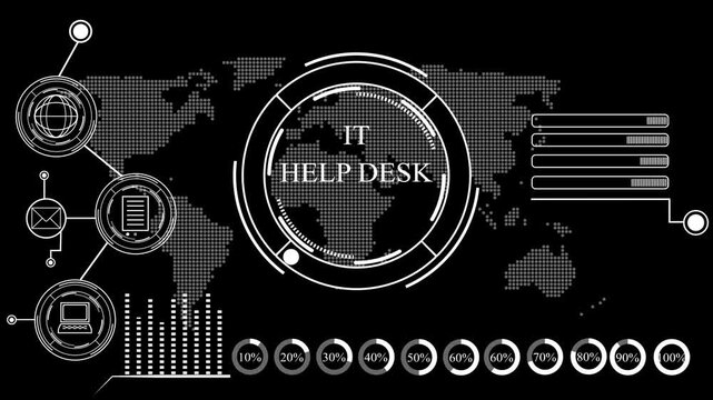 it help desk rises from a laptop keyboard in a dim office. help desk, call center, contact us animation with icons, 4k video map background .