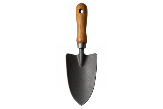 Metal gardening trowel with wooden handle isolated on transparent background, perfect for your gardening and planting projects