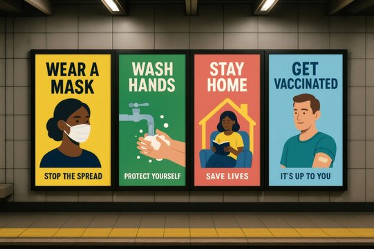 Four colorful posters in a subway station are promoting health and safety measures to prevent disease transmission