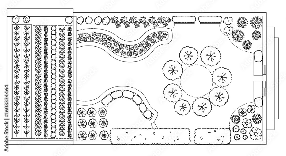 Poster overhead blueprint view of a garden layout with various plants and trees in a rectangular enclosure