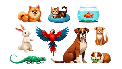 Fototapeta premium Assorted domestic animals including dogs, cats, birds, fish, rabbit, and lizard are displayed