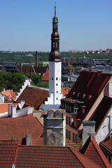 Estonia, Tallinn. Medieval Baltic city Panoramic view of the old town rooftops and steeple from a...