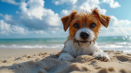 Adorable jack russell terrier puppy relaxing on a sandy beach during a sunny summer day