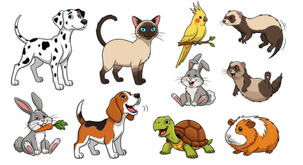 Collection of various domestic animals including dogs cats rabbits and other small pets illustration