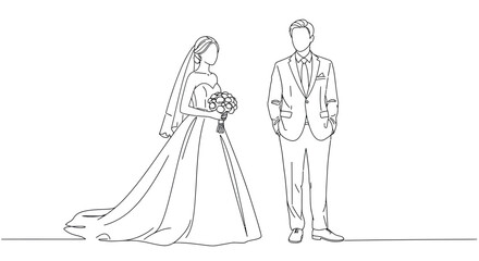 Obraz premium Elegant minimalist bride and groom continuous line art design