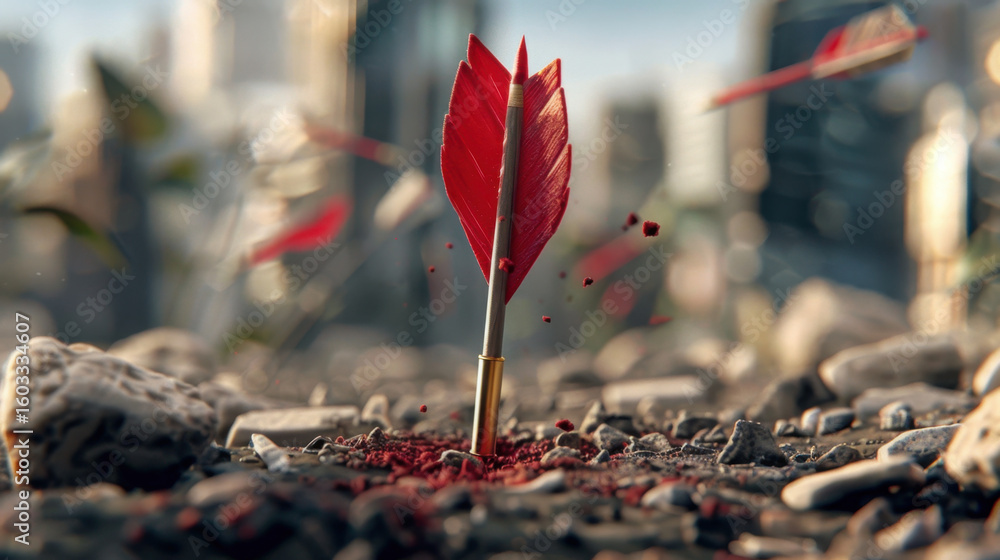 Poster striking red feather arrow embedded in ground, surrounded by scattered stones and hint of red dust. 