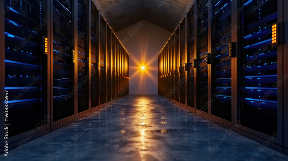 Poster futuristic data center with rows of servers illuminated by glowing blue lights, creating dramatic at