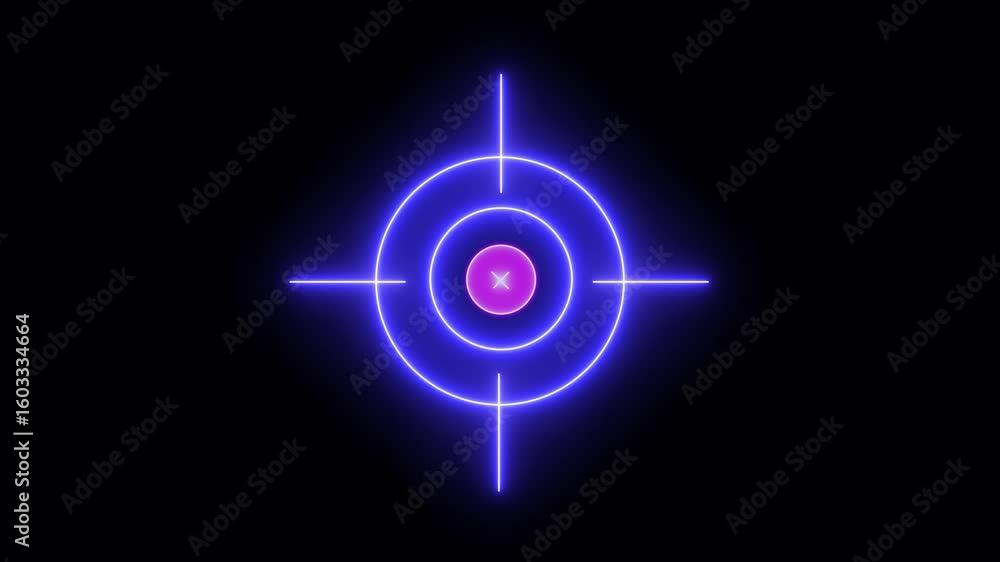 Poster neon target cross animation, neon glowing light target icon on black background ,hyper realistic ani