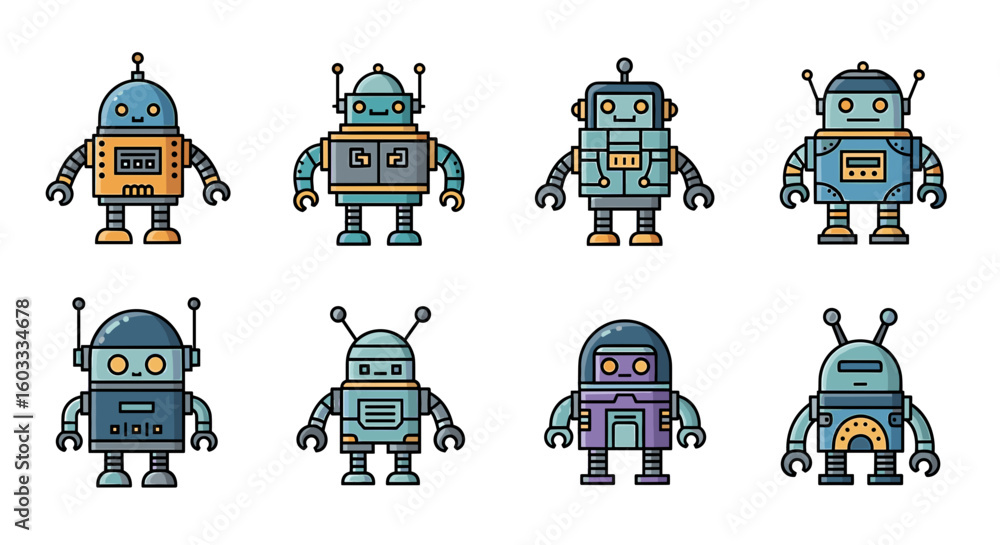 Poster collection of eight cartoon robots with various designs and features arranged in two rows evenly spa