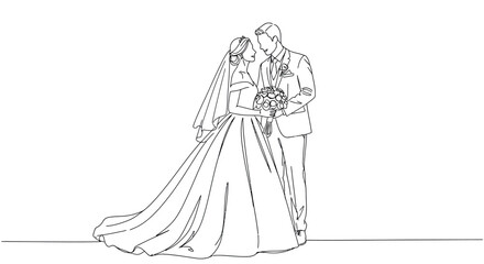 Elegant bride and groom in continuous line art wedding scene