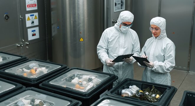 Two laboratory technicians in protective suits examining food samples in sterile containers. Scientists conducting quality control analysis with documentation. Food safety and hygiene concept