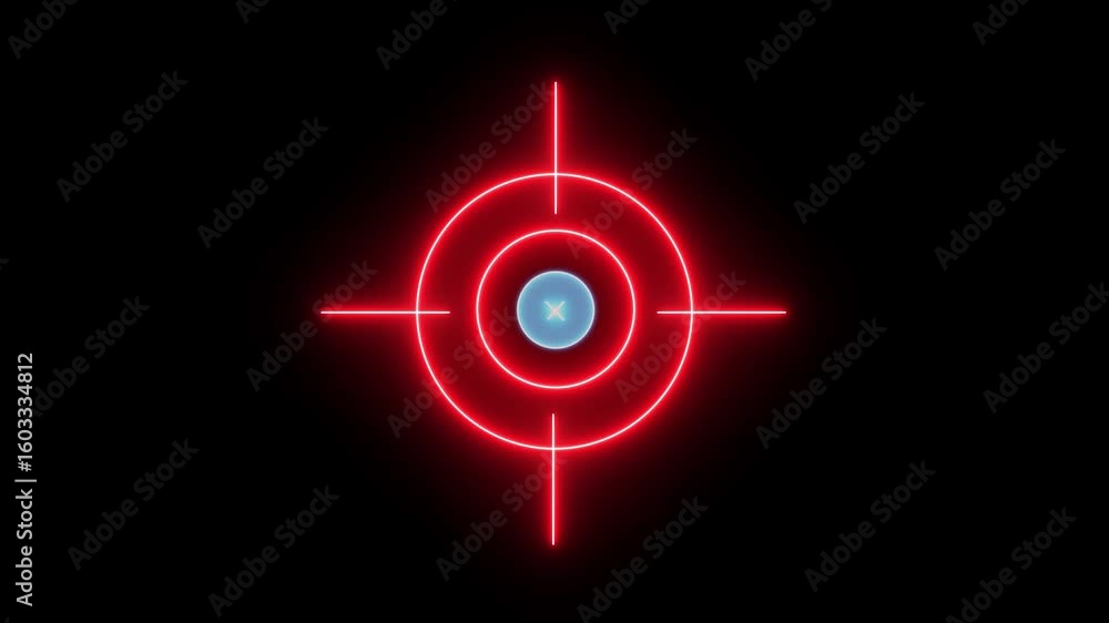 Poster neon target cross animation, neon glowing light target icon on black background ,hyper realistic ani