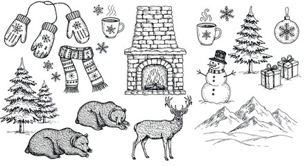 Hand drawn winter elements with animals and snowy landscapes