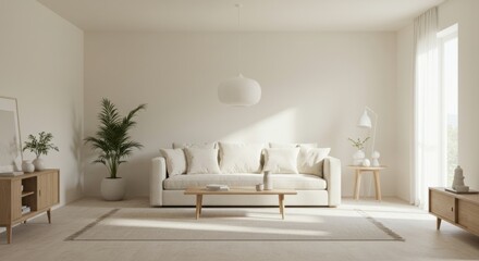Minimalist Living Room Interior: A serene and spacious minimalist living room interior, boasting clean lines, natural light, and a harmonious blend of modern furniture.