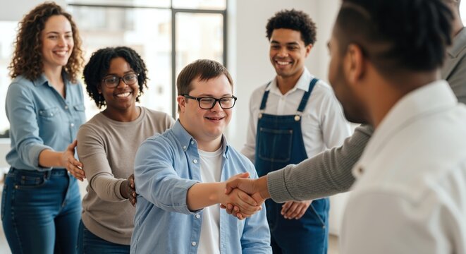 Man with down syndrome shaking hands with colleague in modern office surrounded by diverse team. Happy person with glasses celebrating workplace inclusion. Disability acceptance concept