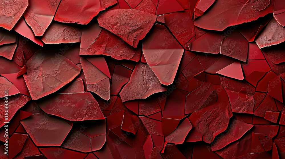 Poster geometric red shards layered in abstract composition create striking visual effect, showcasing rich 