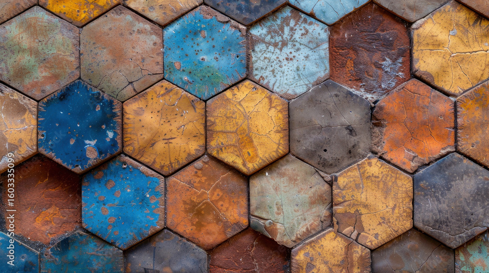 Poster geometric tile texture with repeating hexagonal pattern in various colors, showcasing rustic and wea