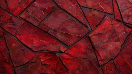 Layered geometric red shards create abstract composition, showcasing rich textures and deep hues. This striking visual evokes sense of boldness and creativity
