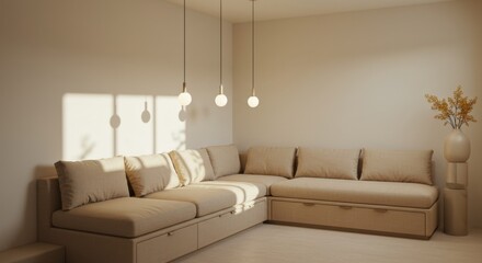 Elegant Living Room: A minimalist living space designed for comfort and tranquility, featuring neutral tones, soft textures, and gentle sunlight, creating a serene atmosphere.