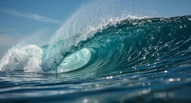 A close up view of a large ocean wave curling with white foam against a clear blue sky backdrop