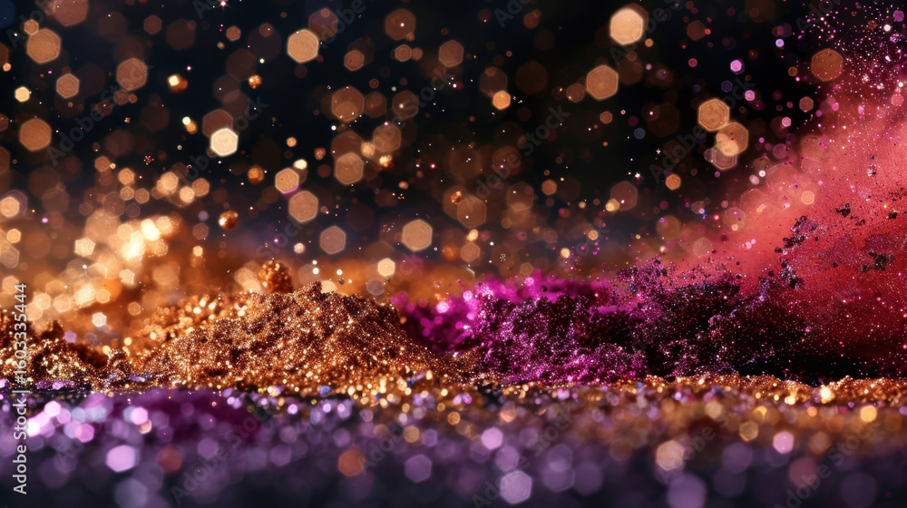 Poster glittery particles scattered in motion create vibrant and dynamic scene filled with shimmering color