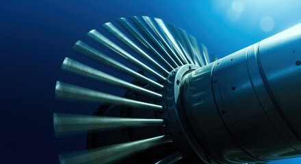 Close up view of industrial turbine engine with metallic blades in blue atmospheric lighting. Aircraft jet propulsion system with precision engineering components. Aviation technology concept