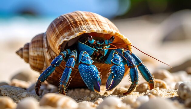 Blue hermit crab in a shell on a sandy beach