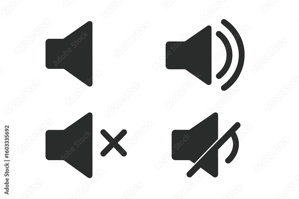 Poster speaker volume icon set. sound on, off, and mute button symbols. simple flat pictogram for web desig