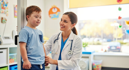 Young boy with down syndrome visiting pediatric doctor in colorful medical office. Child patient receiving healthcare examination from female physician. Medical care concept