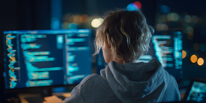 Back view of female hacker coding dangerous virus to attack company database at midnight using high-performance device, hacker, coding
