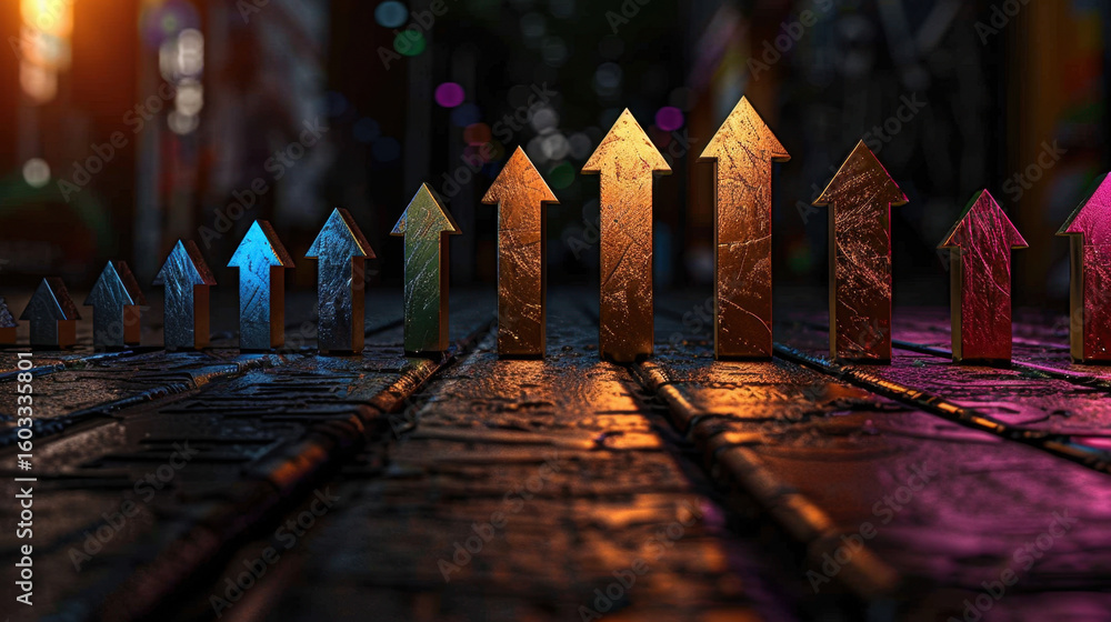 Poster glowing arrows pointing forward over digital background create vibrant and dynamic atmosphere, symbo