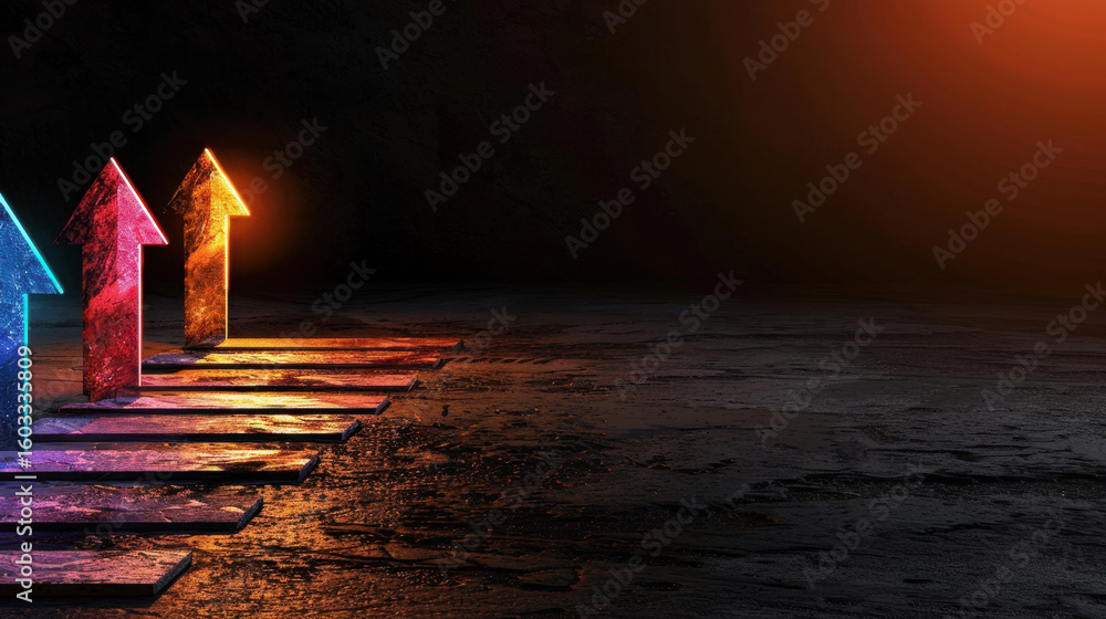 Poster glowing arrows pointing forward over digital background create vibrant and dynamic atmosphere, symbo